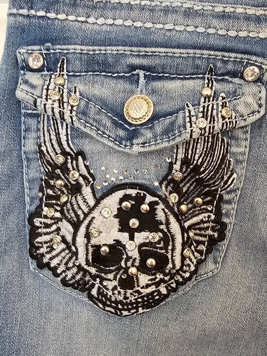 Sky Denim - Mall Goth McBling Thick Stitch Skull Flap Pocket Rhinestone Bootcut Jeans 7/8